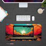 Infidu Tech Fusion Desk Pad with Comic Book-Style Design Featuring a Laptop and Bold Sunset Colors Desk Pad kept on a plain gray background