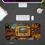 Infidu Tech Fusion With Joystick Desk Pad features a vibrant, colorful gaming controller and a natural background with trees, sea, and mountains Desk Pad kept on a plain gray background