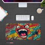 Infidu Abstract Comic Art Desk Pad with Red Monster Design Featuring Big Mouth and Teeth Desk Pad kept on a plain gray background