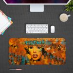 Infidu Artistic Girl’s Face Desk Pad with Vibrant Yellow and Blue Background Design Kept on a computer table