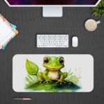 Desk pad with a green frog sitting on the grass and surrounded by leaves, set against a white background. Design Kept on a computer table