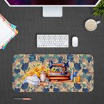 Infidu Modern Stitch Sewing Machine Desk Pad with Colorful Sewing Machine and Green Flower Background Desk Pad kept on a plain gray background