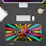 Infidu Classic Chair Animated Desk Pad with Colorful Chair, Bright Rays, Stars, and Circles in Yellow, Blue, Pink, and Green Desk Pad kept on a plain gray background