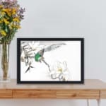 vintage art print featuring the Chinese Tree Pipit and Magnolia by Numata Kashu,framed and placed on the wall