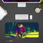 Infidu Artistic Desk Pad with Anime Tiger in Jungle Setting, Dressed in Blue and Red Sweater and Blue Jeans Desk Pad kept on a plain gray background