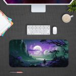 Infidu Space Desk Pad features a silhouette of a person looking at a surreal mountain view under a bright moon with floating celestial bodies. Desk Pad kept on a gay background