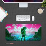 Desk mat featuring an anime boy trekking in a landscape with a pink and purple sky, turquoise sea, and green elements. Design Kept on a computer table