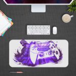 Gaming desk pad with a game controller in violet and blue colors on a predominantly white background. Unique and artistic design by digital artists Desk Pad in computer table