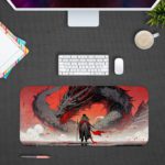 Desk pad with anime-style queen and dragon-like creature in red, gray, and black. Design Kept on a computer table