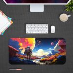 Infidu Space Desk Pad with an astronaut standing on an alien planet, featuring a colorful sky with multiple moons and vibrant colors. Desk Pad kept on a gray background