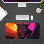 Desk pad featuring a close-up of a dragon's face and neck with intricate scales, set against a vibrant sunrise sky. Design Kept on a computer table