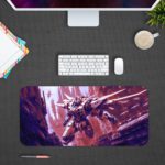 Futuristic mecha robot in purple and red with a sci-fi battle background on a high-quality desk pad. Design Kept on a computer table