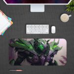 Desk pad featuring a futuristic armored figure or mecha with glowing green elements against a misty, atmospheric background. Design Kept on a computer table