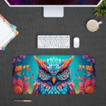 Illustration of a colorful owl with vibrant blue, purple, and orange feathers on a teal and turquoise background on the Infidu Artistic Animated Desk Pad kept on a gray background