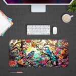 Illustration of two colorful parrots on a branch surrounded by pink, blue, and red flowers and leaves on the Infidu Artistic Animated Desk Pad. Desk Pad kept on a gray background