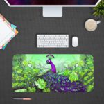 Illustration of a bright purple peacock on a branch with a background of green leaves on the Infidu Artistic Animated Desk Pad kept on a gray background