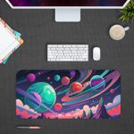 Infidu Space Vector Desk Mat features a colorful space scene with planets, stars, and abstract shapes in bright blues, purples, pinks, and greens. Desk Pad kept on a gray background