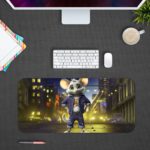 Infidu Artistic Animated Desk Mat with Creative White Rat Design, Buildings, and Cars with Lights for Kids and Adults Desk Pad kept on a plain gray background