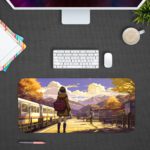 Infidu Artistic Desk Mat with an anime girl on a train platform, autumn trees, mountains, and a blue sky with clouds. Design Kept on a computer table