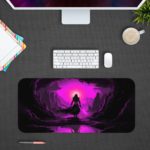 Infidu Artistic Desk Pad with an anime ninja silhouette in front of a bright purple light, set in a dark, mystical cave-like environment. Design Kept on a computer table