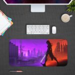 Infidu Artistic Desk Pad with an anime ninja silhouetted in a cityscape, holding a sword, with a background split between purple and red tones. Design Kept on a computer table