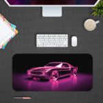 Infidu Artistic Desk Pad with a vintage sports car outlined in glowing purple neon against a dark background, creating a retro-futuristic look. Design Kept on a computer table