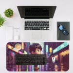 Digital illustration of a young child standing in a brightly lit street at night with neon colors and an urban cityscape background. Desk Mat with an Apple Laptop