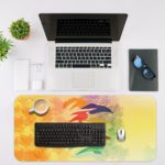 Infidu Artistic Desk Mat with an abstract landscape design in blue, white, green, and brown. Desk Mat with an Apple Laptop