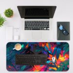 Desk pad with an abstract illustration of a woman in the jungle, featuring glowing white eyes and colorful foliage in blues, purples, and greens. Desk Mat with an Apple Laptop