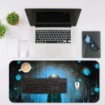 Infidu Artistic Desk Pad with a robot in a spacesuit in a dark, futuristic space environment with blue and black tones and glowing light patterns. Desk Mat with an Apple Laptop