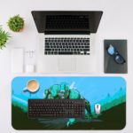 Anime-style desk pad with a turquoise football player in action and a football field background. Desk Mat with an Apple Laptop