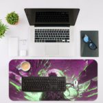 Desk pad featuring a dramatic purple and white anime scene with swirling energy effects and a central figure in an action pose. Desk Mat with an Apple Laptop