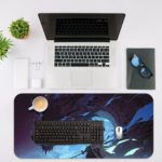 Desk pad featuring a fantasy scene with a dragon, deep blue and purple tones, and a mystical atmosphere with star-like lights. Desk Mat with an Apple Laptop