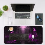 Desk pad featuring a mystical scene with a figure in a dark forest, surrounded by glowing purple mushrooms and lights. Desk Mat with an Apple Laptop