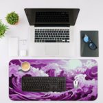 Swirling purple and white waves with a dynamic, flowing appearance. Desk Mat with an Apple Laptop