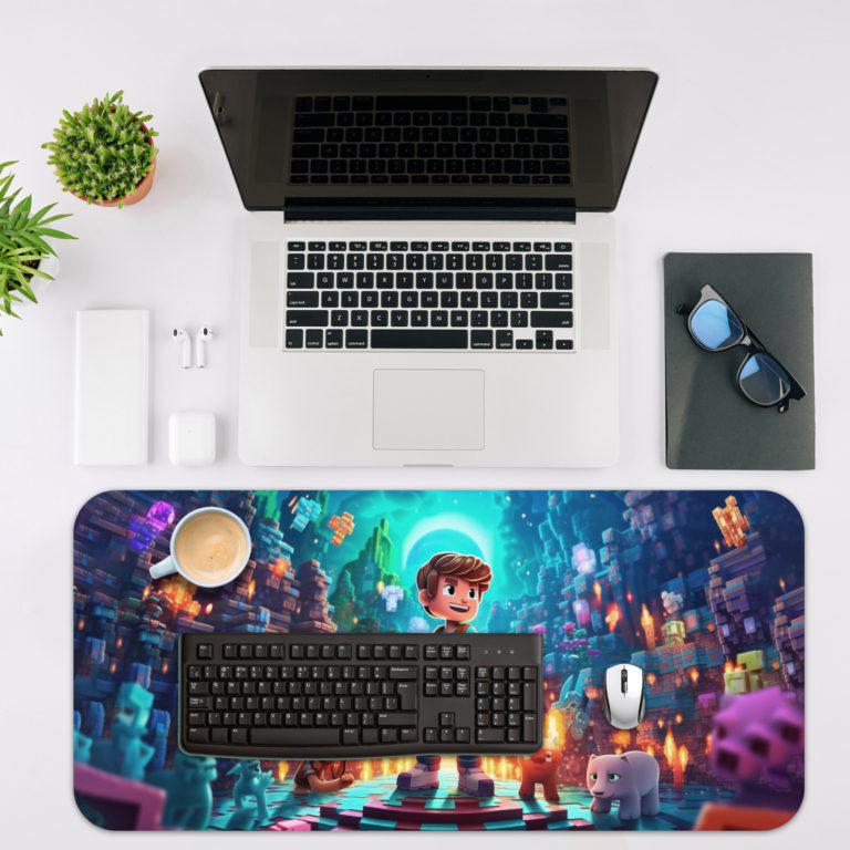 Animated desk pad featuring a boy in a Minecraft-like world, surrounded by small animals and glowing elements in bright blues and teals. Desk Mat with an Apple Laptop