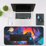 The futuristic scene with a figure in a VR headset, surrounded by a surreal landscape in cool blues and warm oranges. Desk Mat with an Apple Laptop