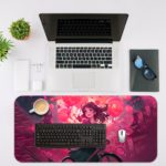 A young girl riding a bicycle against a vibrant pink and purple background with swirling shapes and circles. Desk Mat with an Apple Laptop