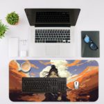 Anime samurai with dark hair holding a sword, standing against orange mountains and a bright blue sky. Desk Mat with an Apple Laptop