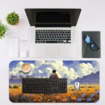 Anime boy standing in a field of yellow flowers under a blue sky with white clouds. Desk Mat with an Apple Laptop