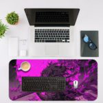 Anime samurai concept art with a dragon-like figure in a vibrant purple background. Desk Mat with an Apple Laptop