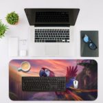 Colorful parrot with a sunset sky background on the Infidu Artistic Desk Mat with a laptop