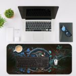 Infidu Artistic Desk Pad with a colorful bird design on a brown background. Desk Pad Design Kept on a computer table