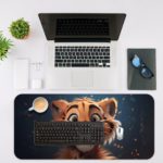 Desk pad with a cheerful animated tiger cub with orange fur, black stripes, and a white muzzle on a dark background with glowing orange particles. Desk Mat with an Apple Computer