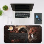 Anime boy with short dark hair centered between two fierce animal heads, in a dark, mythical illustration. Desk Mat with an Apple Laptop