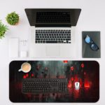 Abstract art Infidu Artistic Desk Pad with dark tones, red lanterns, and a mysterious figure holding an umbrella in a rainy forest. Desk Mat with an Apple Laptop