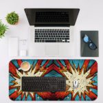 Infidu Color Wave Boom Animated Desk Mat with a vibrant blue and red background, featuring unique multi-colored art. Desk Mat with an Apple Computer