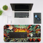 Infidu Color Wave Boom Animated Desk Mat featuring vibrant multi-colored art on gray with yellow accents. Desk Mat with an Apple Computer