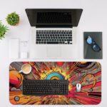 Infidu Record Disk Animated Desk Mat with vibrant circular shapes and explosive colors for a dynamic and energetic look Desk Mat with an Apple Computer