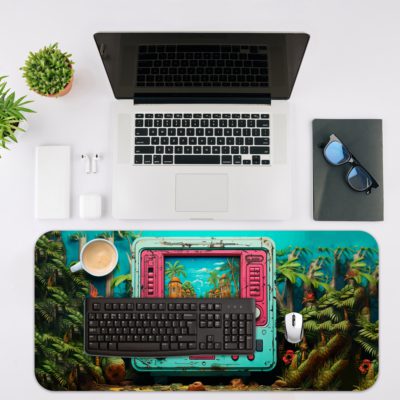 Artistic Gaming Desk Pad featuring an old-style handheld game console in light blue with pink buttons, displaying a scene of palm trees, blue sky, and huts that blend into the background Desk Pad with Antique Video Game Design Kept on a computer table